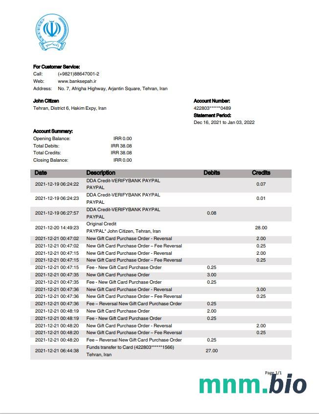 Iran Bank Sepah oświadczenie xls